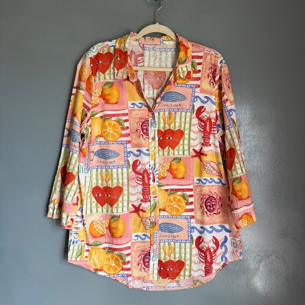 CALYPSO ST. BARTH Women's Large Linen Coastal Button Up Italian Summer Boho Cute